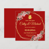 Chinesische Hochzeit mit roter geometrischer Blüte Einladung (Vorne/Hinten)