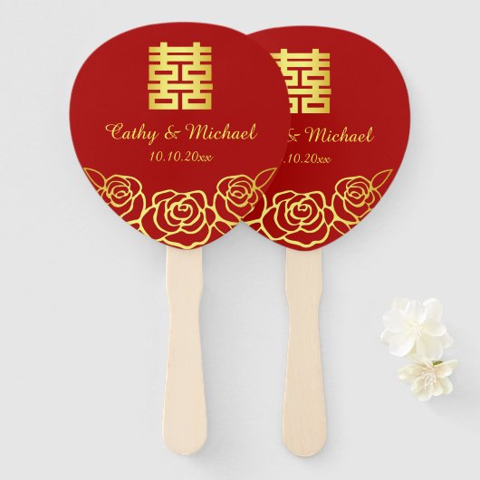 Chinesische Hochzeit Rose Papercut rot und gold Fächer (Vorne und Hinten)