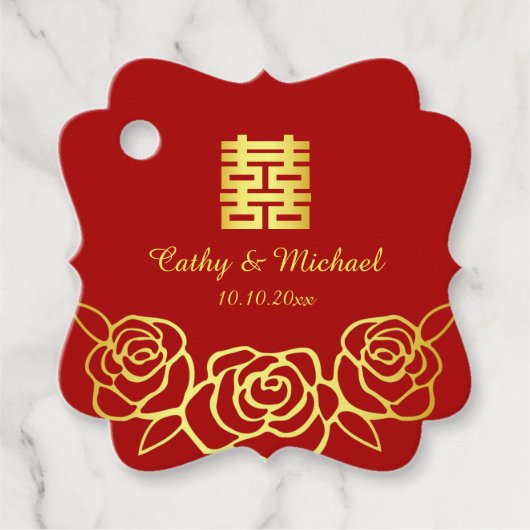 Chinesische Hochzeit Rose Papercut rot und gold Geschenkanhänger (Vorderseite)