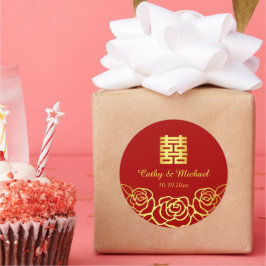 Chinesische Hochzeit Rose Papercut rot und gold Runder Aufkleber