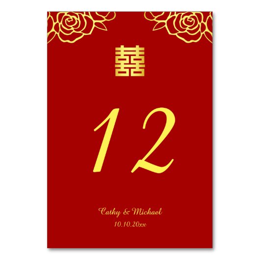 Chinesische Hochzeit Rose Papercut rot und gold Tischnummer (Rückseite)