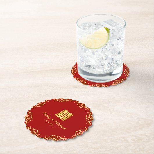 Chinesische Hochzeit Rose Papercut rot und gold Untersetzer (Vor Ort)