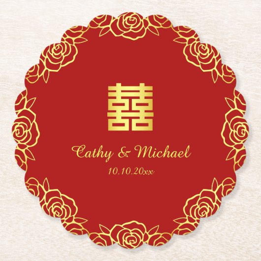 Chinesische Hochzeit Rose Papercut rot und gold Untersetzer (Vorderseite)