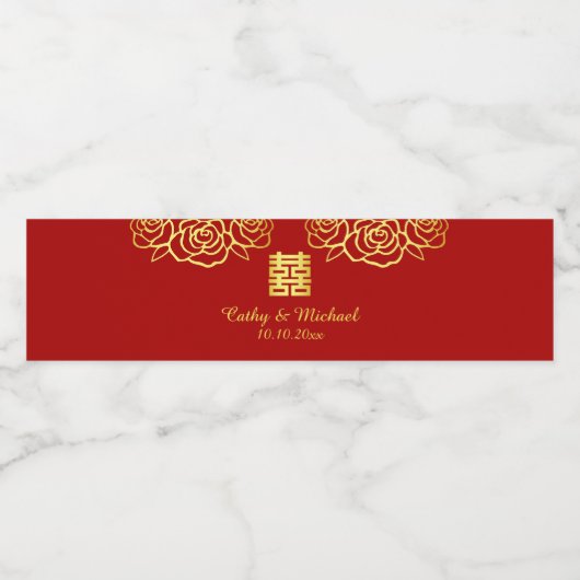 Chinesische Hochzeit Rose Papercut rot und gold Wasserflaschenetikett (Einzelnes Label)