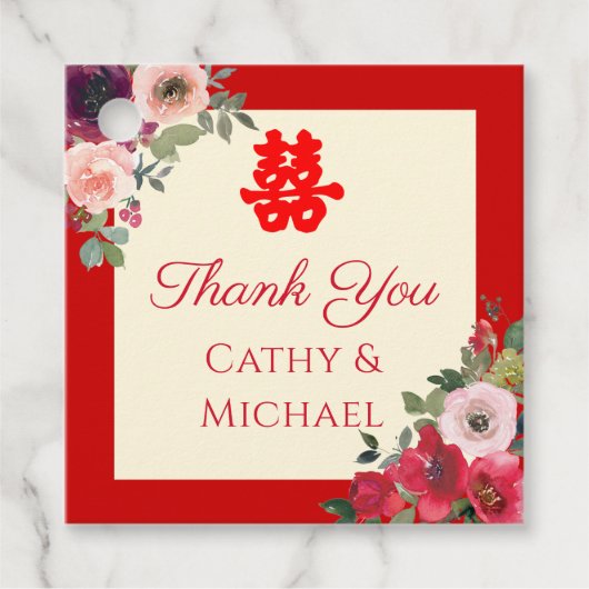 Chinesische Hochzeit roter Garten Blumen Doppelglü Geschenkanhänger (Vorderseite)