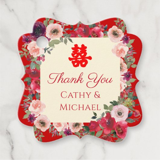 Chinesische Hochzeit roter Garten Blumen Doppelglü Geschenkanhänger (Vorderseite)