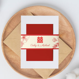 Chinesische Hochzeit rotes Beige Blumengestein Ori Einladungsbanderole
