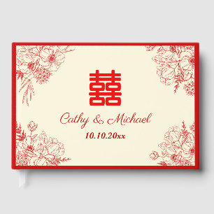 Chinesische Hochzeit rotes Beige Blumengestein Ori Gästebuch