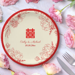 Chinesische Hochzeit rotes Beige Blumengestein Ori Pappteller