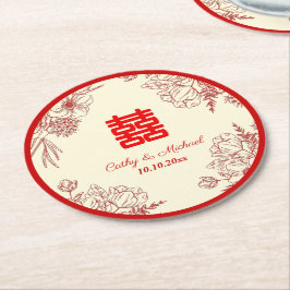 Chinesische Hochzeit rotes Beige Blumengestein Ori Runder Pappuntersetzer