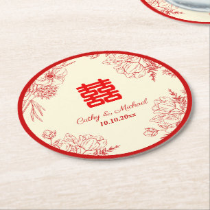 Chinesische Hochzeit rotes Beige Blumengestein Ori Runder Pappuntersetzer