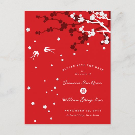 Chinesische Hochzeit Sakura Chic Schwalben Save th Ankündigungspostkarte (Vorderseite)