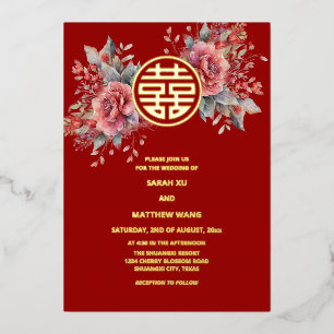 Chinesische Hochzeit von Aquarellfarben-Rose Folieneinladung