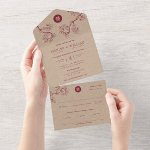 Chinesische Hochzeit von Crimson Peach/Plum Blosso All In One Einladung