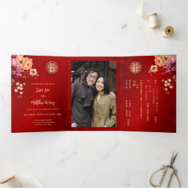 Chinesische Hochzeit von Red Gold Peony Foto Dreifach Gefaltete Einladung