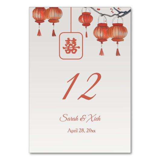 Chinesische Hochzeit von Watercolor Red Lanterns Tischnummer (Vorderseite)