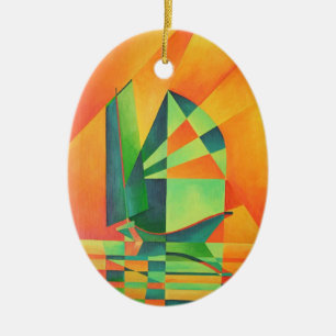 Chinesische Junk segelt bei Sonnenaufgang Orange u Keramik Ornament