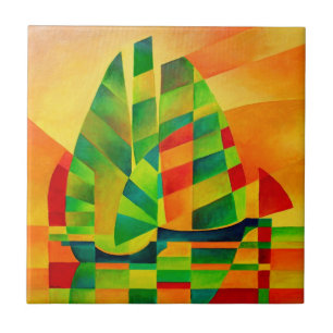 Chinesische Junks, Sonnenuntergänge, Segel und Sch Fliese