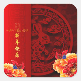 Chinesische Kaninchen-Papier-schneiden Peonies Neu Quadratischer Aufkleber