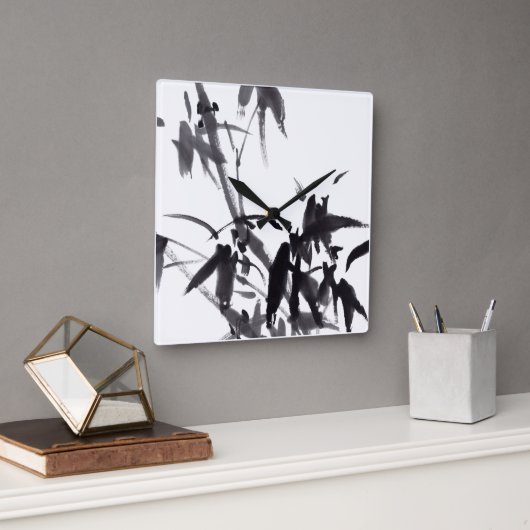 Chinesische Kunst mit Bambusmotiv Quadratische Wanduhr (Büro)