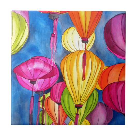 Chinesische Lanterns Aquarellkunst Fliese (Vorderseite)
