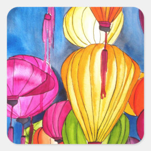 Chinesische Lanterns Aquarellkunst Quadratischer Aufkleber