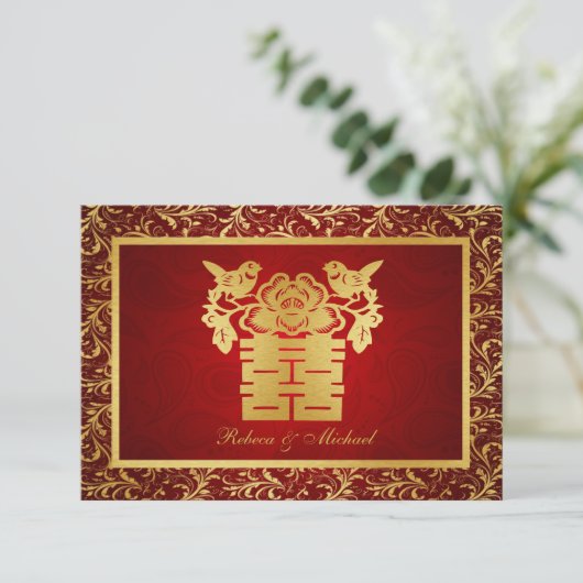 Chinesische Liebesvögel Doppelglückliche RSVP-Kart RSVP Karte (Stehend Vorderseite)