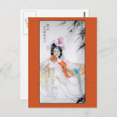 Chinesische Malerdame mit Fan in Orange Postkarte (Vorne/Hinten)