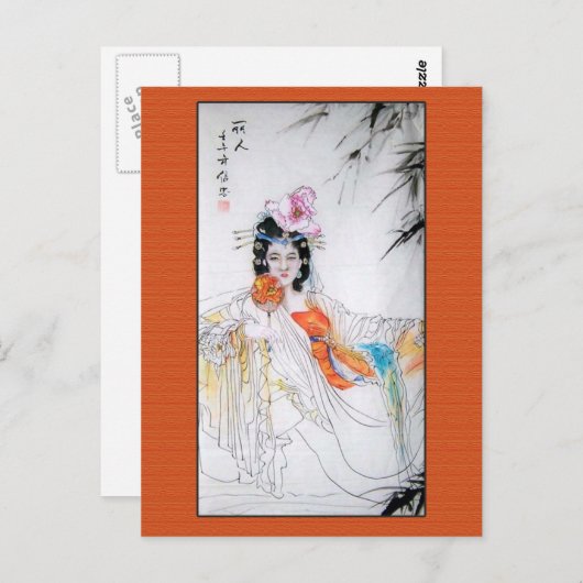 Chinesische Malerdame mit Fan in Orange Postkarte (Vorne/Hinten)