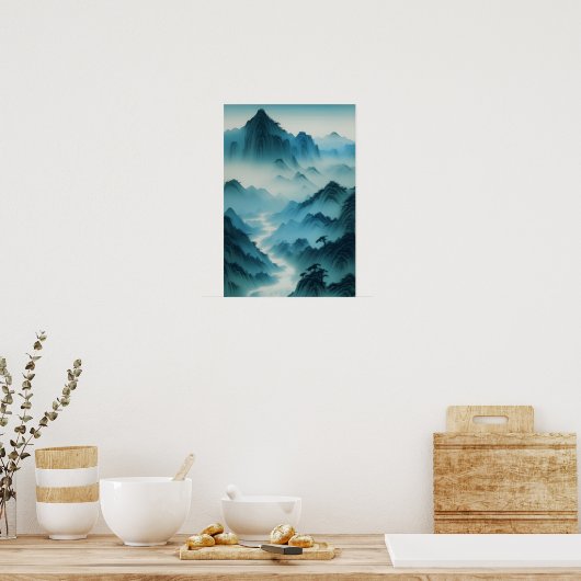 Chinesische Malerei Aquamarin Blue Misty Landschaf Poster (Küche)