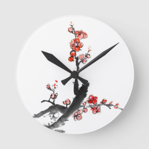 Chinesische Malerei der Blumen, Pflaumenblüte Runde Wanduhr