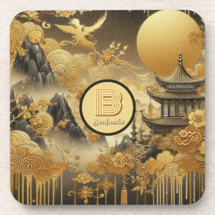 Chinesische Malerei Faux-Gold-Tropfen-Monogramm Getränkeuntersetzer