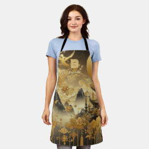 Chinesische Malerei Faux-Gold-Tropfen-Monogramm Schürze