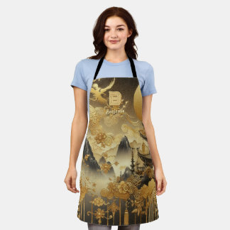 Chinesische Malerei Faux-Gold-Tropfen-Monogramm Schürze