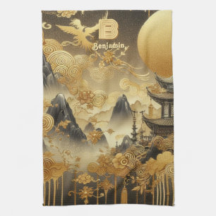 Chinesische Malerei Faux Golden Tropf Monogramm Geschirrtuch