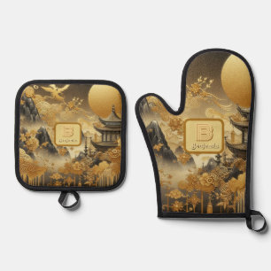 Chinesische Malerei Imitate Golden Dripping Mit Mo Ofenhandschuh & Topflappen-Set