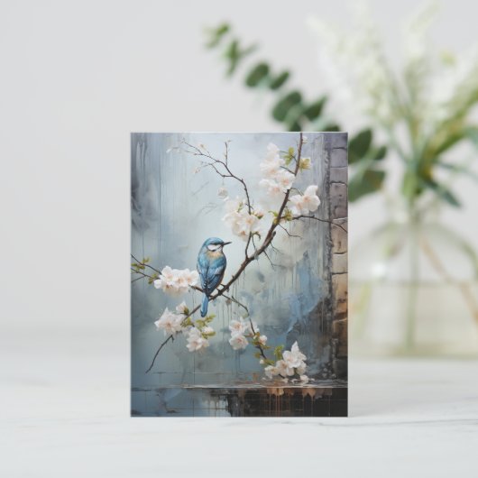 Chinesische Malerei mit Blauen Vögeln und Blume Postkarte (Stehend Vorderseite)