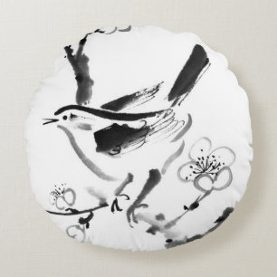 Chinesische Malerei, Pflaumenblüte und Vogel Rundes Kissen