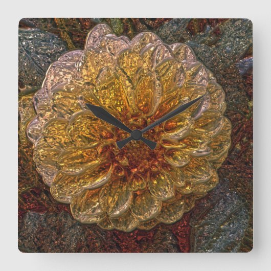 Chinesische Metallhalterung mit gelber Blume Quadratische Wanduhr (Vorderseite)