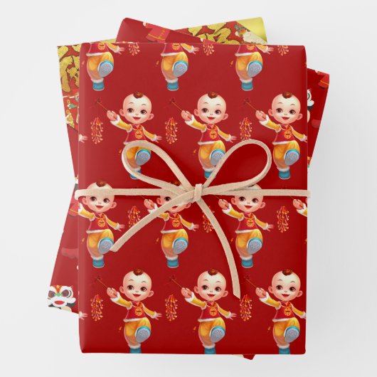 Chinesische Neujahrskinder-Ideogrammmuster W3PS Geschenkpapier Set (Beispiel)