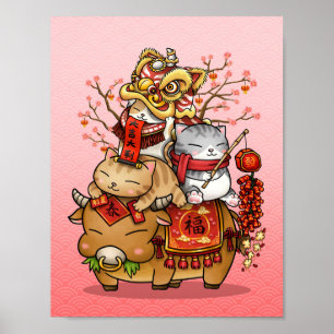 Chinesische Neujahrskuhe und Katzen Poster