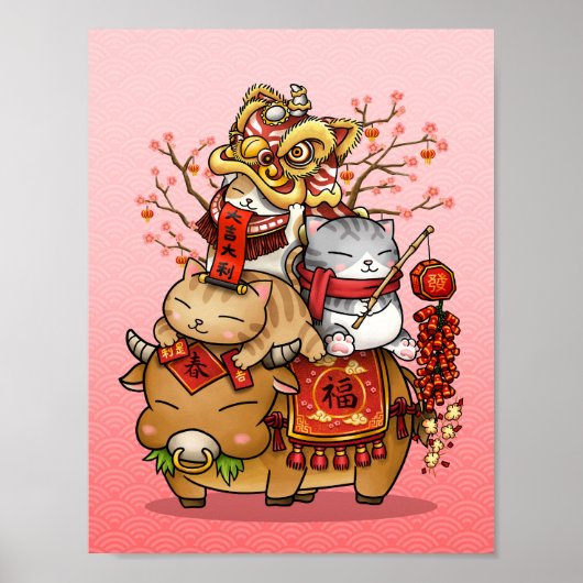 Chinesische Neujahrskuhe und Katzen Poster (Vorne)