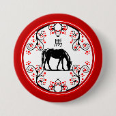 Chinesische Neujahrspferde und rote Blüten Button (Vorderseite)