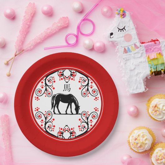 Chinesische Neujahrspferde und rote Blüten Pappteller (Party)