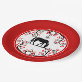 Chinesische Neujahrspferde und rote Blüten Pappteller (Schrägansicht)