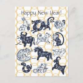 Chinesische Neujahrstiere Zodiac Minimal Blue Gold Feiertagspostkarte