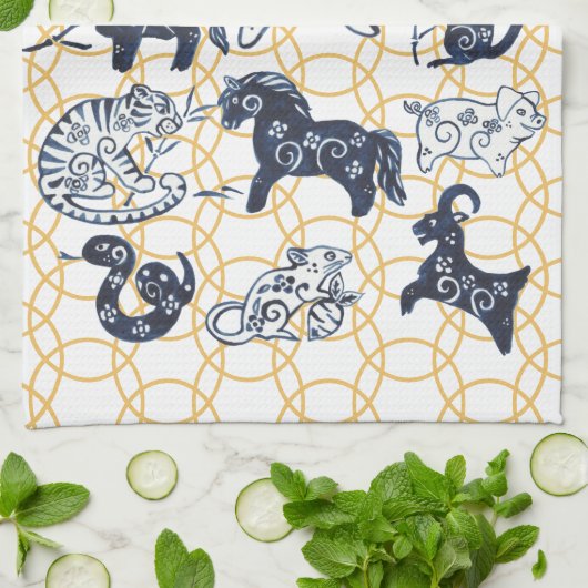 Chinesische Neujahrstiere Zodiac Minimal Blue Gold Geschirrtuch (Gefaltet)