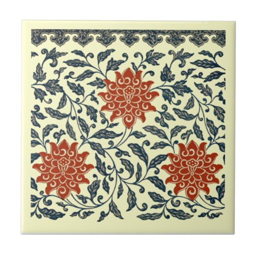 Chinesische Orange-Blume Blaue Blätter auf Creme B Fliese (Vorderseite)