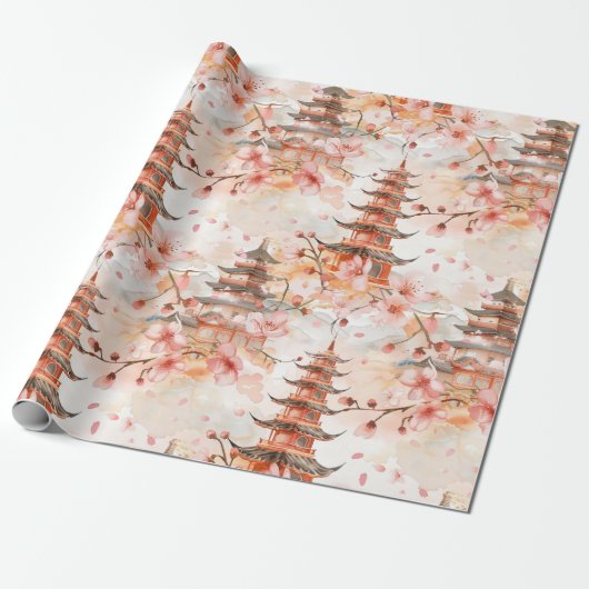 Chinesische Pagode mit Kirschblüten (1) Geschenkpapier (Ungerollt)