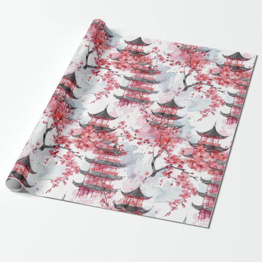Chinesische Pagode mit Kirschblüten (2) Geschenkpapier (Ungerollt)
